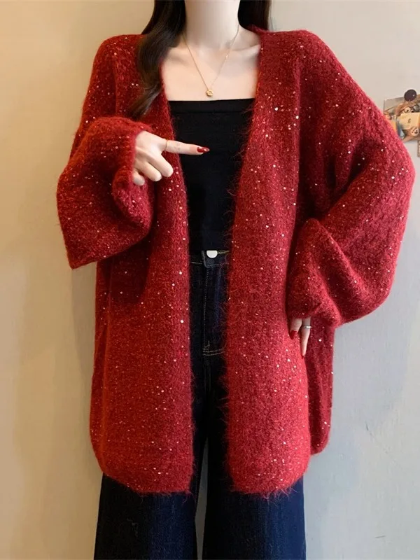 

iny Red Long Sve вязаный свитер пальто женский плюс размер весенний сезон средней длины открытый кардиган мягкий нежный Sle