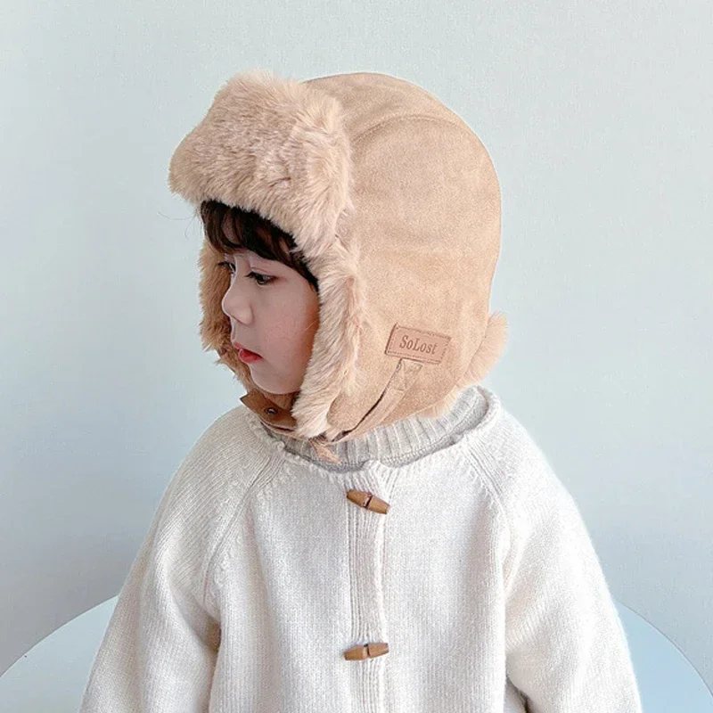 New Kids Bomber Hat Fur Fluffy Plush Lining Girl Boy Winter Cap with Earflaps Helmet Beanies Bonnet Children Russian Hats 2-8Y