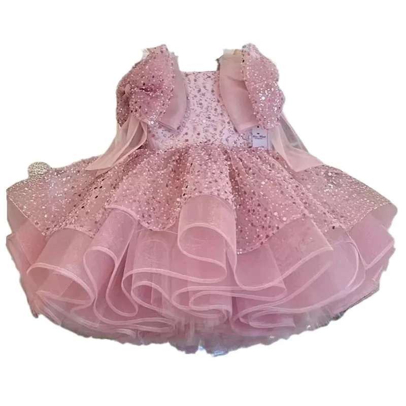 2025 Pink Sweet Cute Girl Princess Dress Sequin Bow Evening Dresses Newborn Baptismal Clothing New Square Neck Fluffy Vestidos