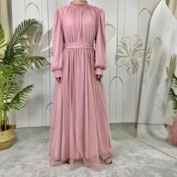 Middle East Türkiye Pink Women Modest Mesh splicing Muslim Clothing Fashion Beads Islamic Maxi Long Sleeve abaya Dress