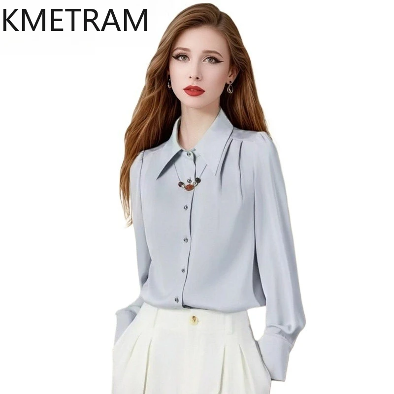 KMETRAM 100% Polyester Shirts for Women Elegant Solid OL Blouse Long Sleeves Spring Ladies Tops 2026 New in Woman Clothes одежда