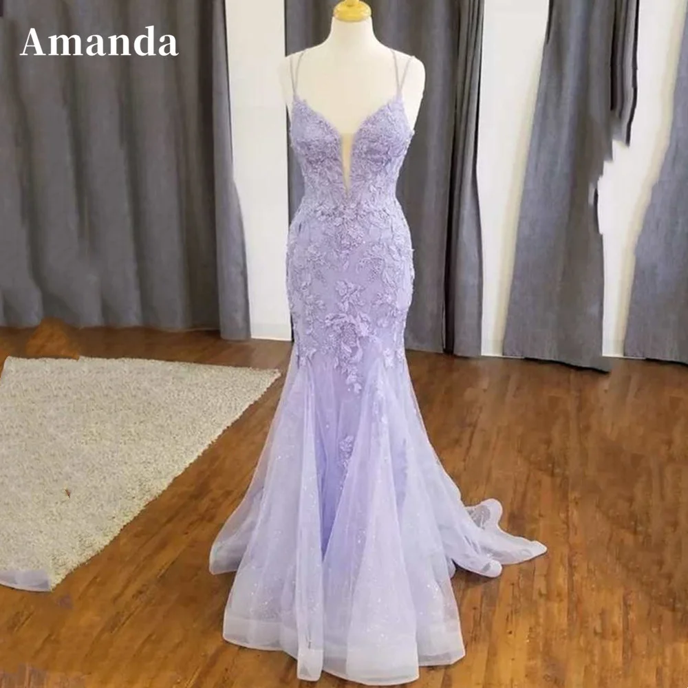 Robe de soirée en dentelle violette Amanda, robe de Rhsirène douce, robe de soirée sexy à bretelles spaghetti, 2023