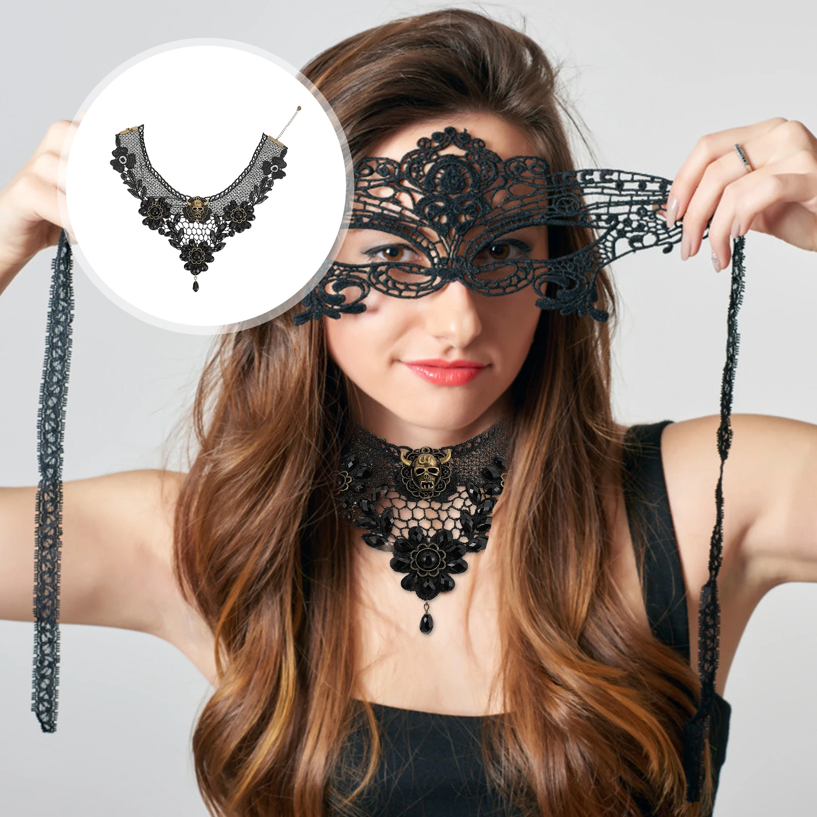 

1pc Skull Necklace Halloween Lace Choker Gothic Retro Clavicle Pendant Alloy Neck Chain Costume Accessories Elegant Collar