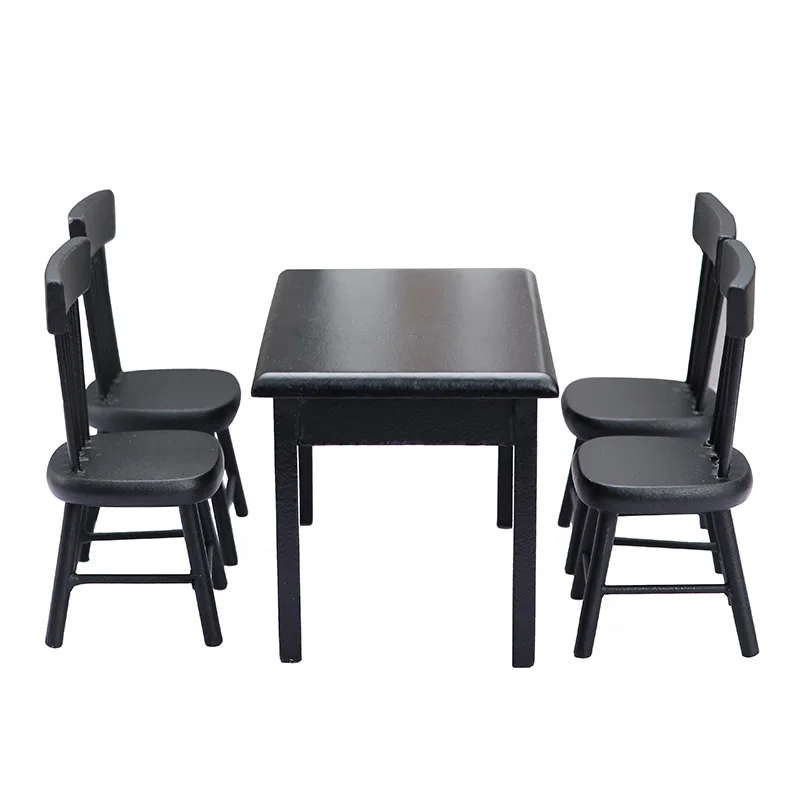

1:12 Dollhouse Miniature Dining Table Food Play - Dining Room Micro Scene Black Table and Chair 5-Piece Set