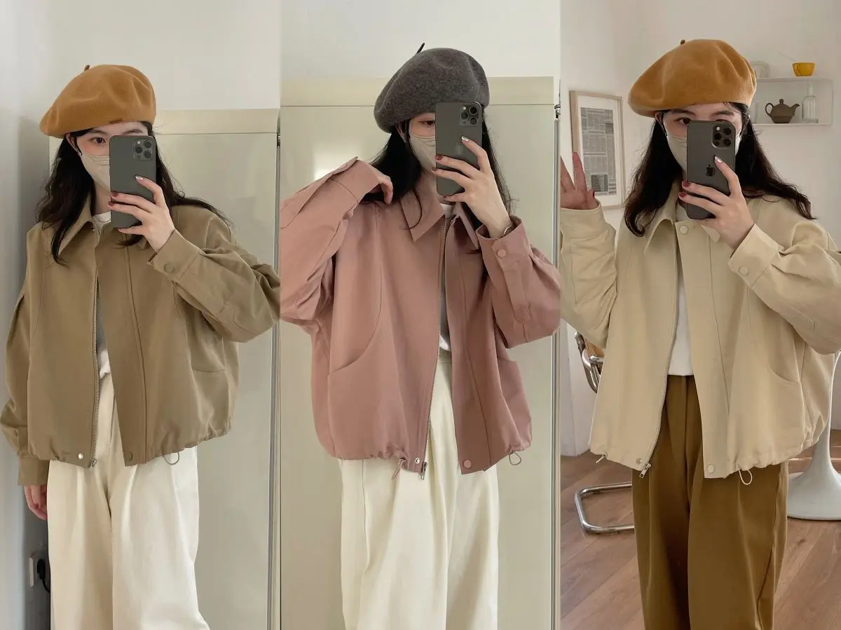 

Solid Color Lapel Loose Short Jacket Women's Korean Loose and Versatile Hem Drawstring Short Jacket