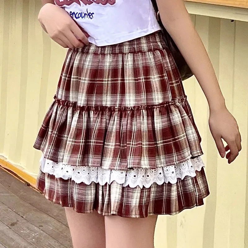 

Юбка А-силуэта с высокой талией и кружевом, больших размеров, женская летняя, для фигуры типа «груша», с эффектом драпировки, в корейском стиле, повседневная, многоярусная юбка-«торт»