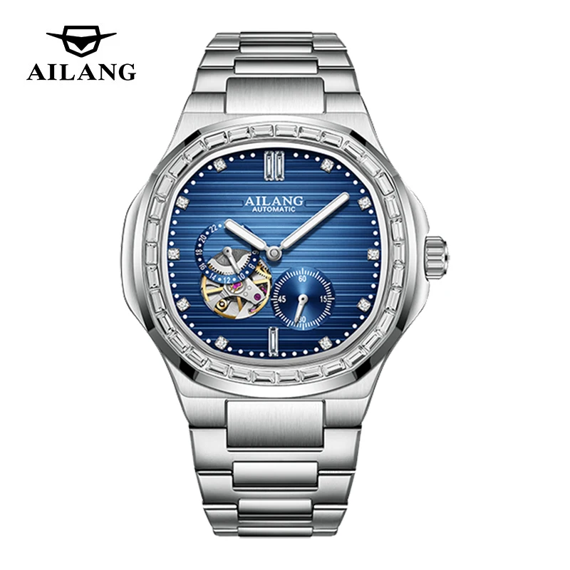 

AILANG брендовые роскошные механические часы с турбийоном, мужские водонепроницаемые светящиеся часы из нержавеющей стали со скелетом, автоматические модные квадратные часы