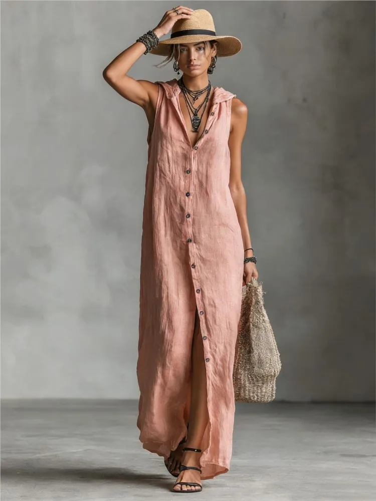 

Woman Sleeveless Dresses Vacation Solid Loose Maxi Dress Summer Casual V Neck Single Breasted Hooded Long Party Dress Vestidos