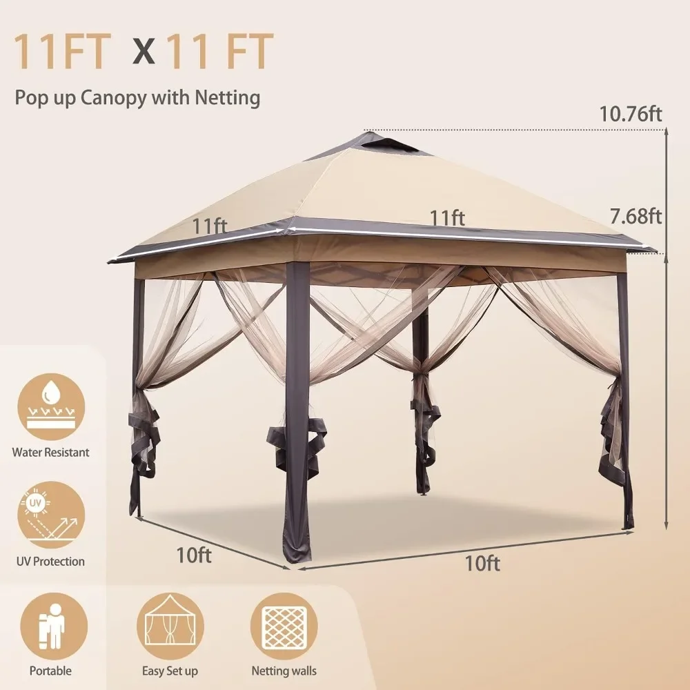 11'x11' Patio Gazebo 2-Tier Outdoor Pop-up Canopy Tent with Netting Sidewalls Brown, Gazebo is Suitable for Outdoor, Backyard