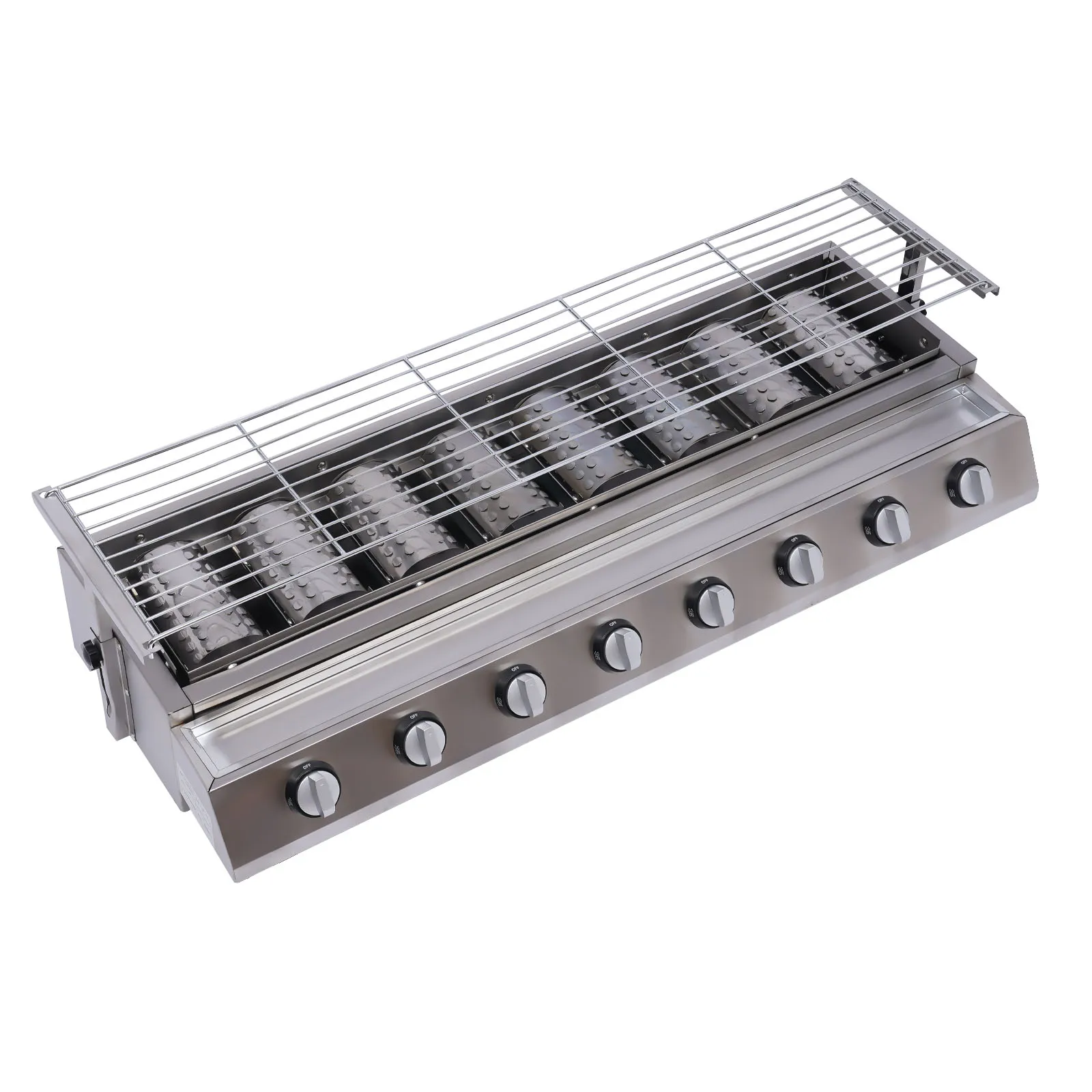 

Gas BBQ Grill, 8 Burners, Stainless Steel, Adjustable Height, Portable Design