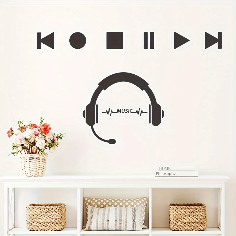 1pc Creative Wall Sticker, Headphone Music Key Pattern Self-Adhesive Wall Stickers, Bedroom Entryway Living Room Porch Home