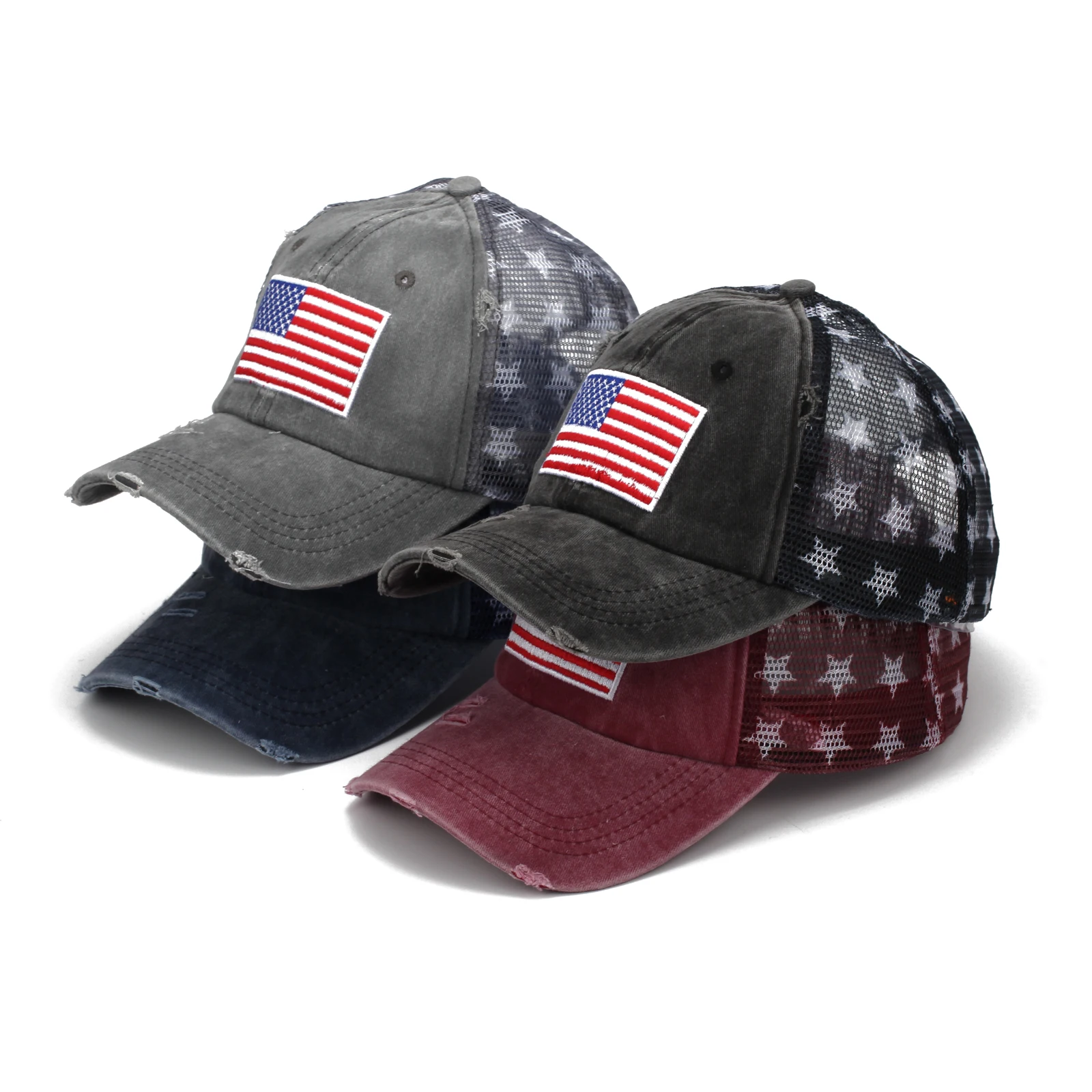 4 Colors Distressed American Flag Star Ball Cap Denim Baseball Cap Women Jeans USA Flag Hat