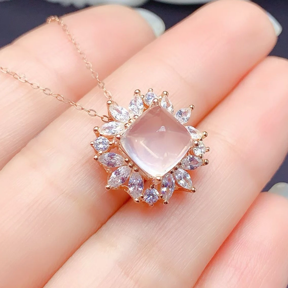 

Vintage Silver Crystal Pendant for Party 8mm 2ct Natural Rose Quartz Pendant with Certificate 925 Silver Rose Quartz Jewelry