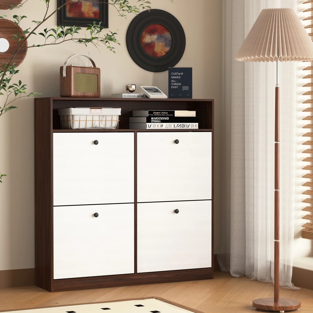 

Shoe Storage Cabinet with 4 Flip Drawers , Shoe Rack Organizer with wooden handle Freestanding Shoe Cabinet Storage