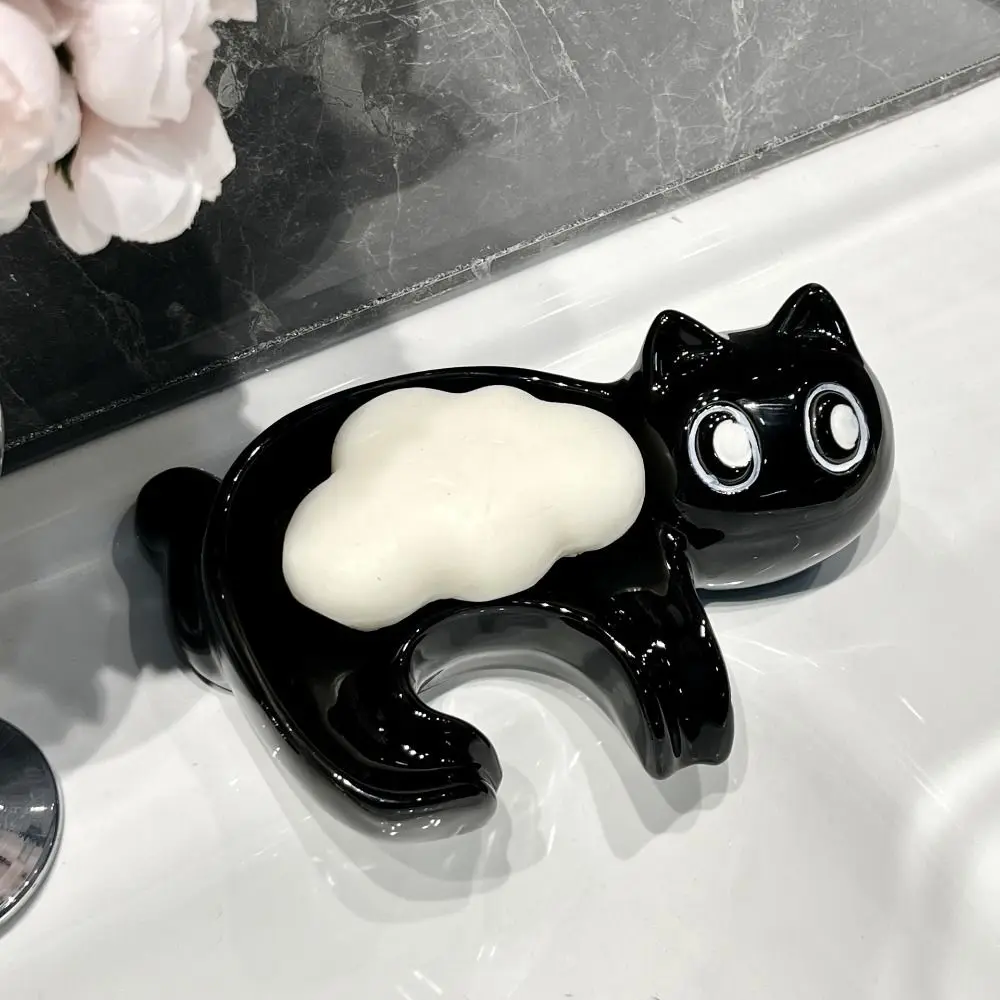 Self Draining Black Cat Soap Case Cute Multi-Purpose Cartoon Soap Holder Ceramic Tray Drain Soap Box Household