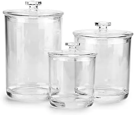 

Clear Plastic Apothecary Jars Set of 3 – 60/30/15 oz Bathroom Storage for Cotton Balls & Q-Tips