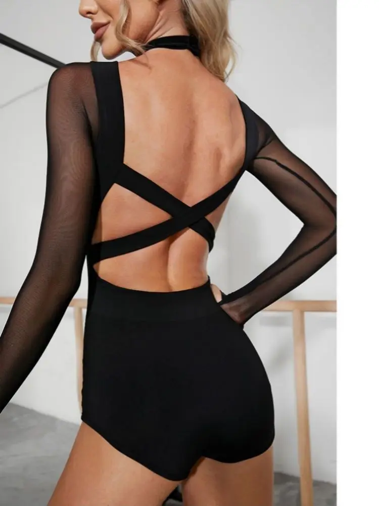 

Женский комбинезон для латиноамериканских танцев с длинными рукавами, облегающий, с перекрестными лямками, с высокой талией, из полиэстера, прямого кроя, для повседневной носки