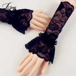 Gothic Fingerless Glove Bowknot Sleeves Fashion Women Lace Short Arm Sleeves Wrist Cuffs Bracelets Solid Black White Gloves