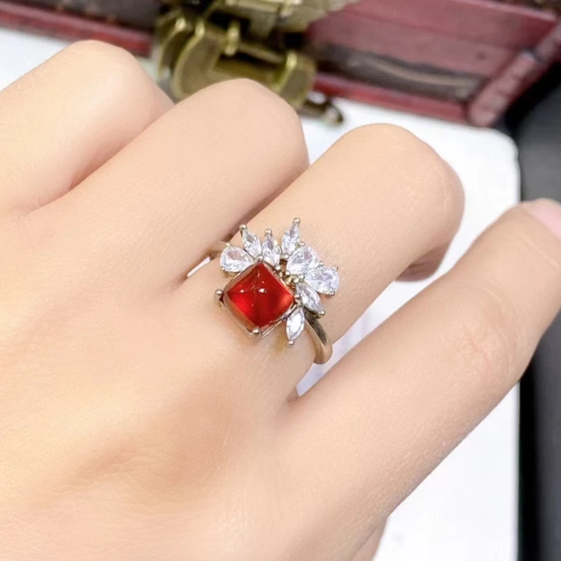 

Fashion Sugar Loaf Gemstone Silver Ring 7mm 1.5ct Natural Fanta Garnet Ring 18K Gold Plated Garnet 925 Silver Jewelry for Party