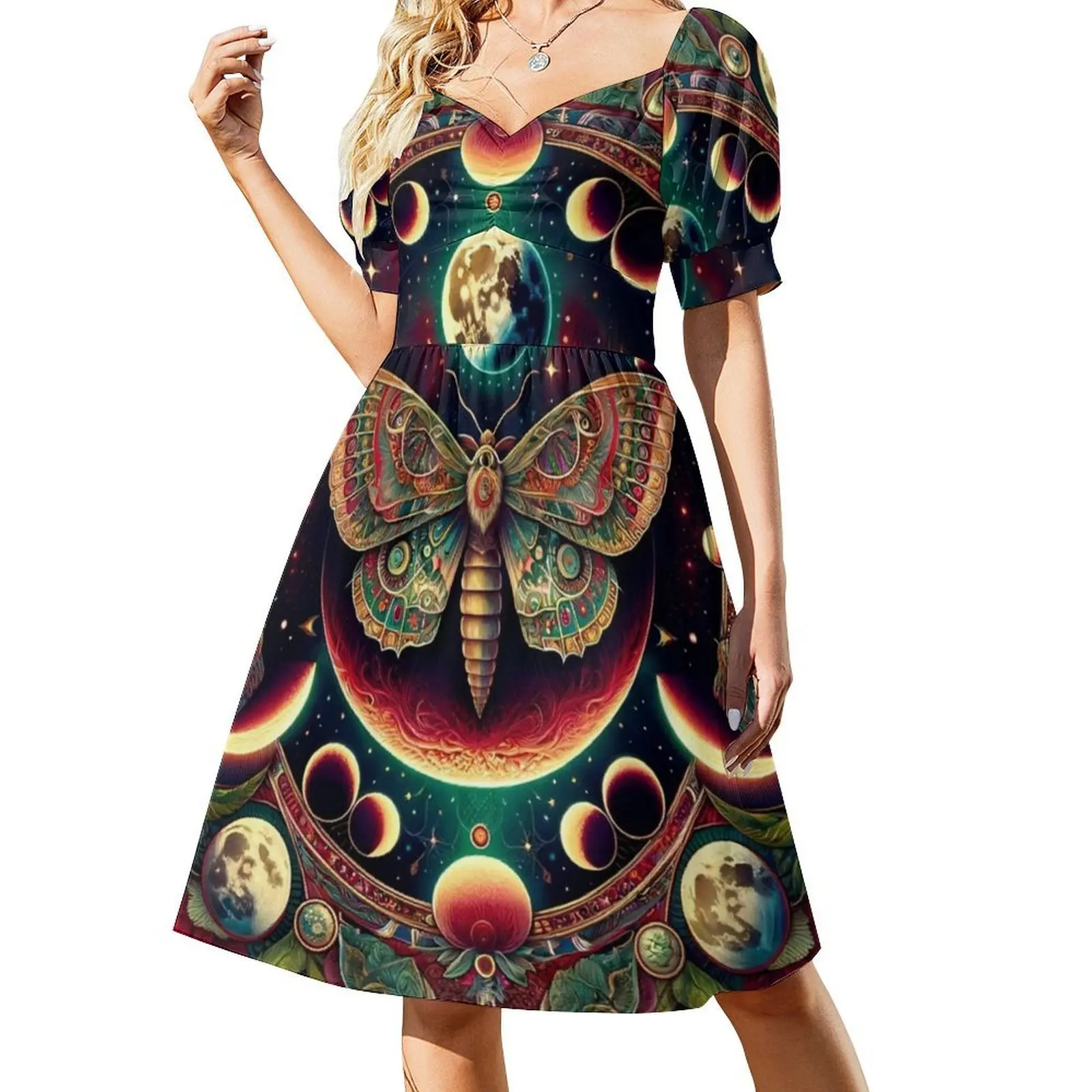 فستان قصير من Ethereal Moth Mandala Preppy للنساء على شكل حرف a فضفاض مناسب فستان يوم غير رسمي عثة سماوية ماندالا كونية قمية