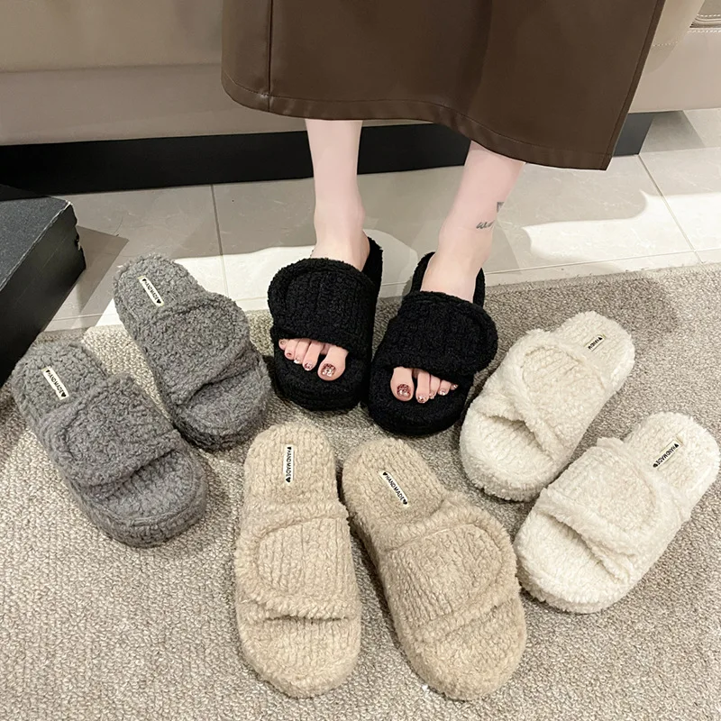 2023 New hook loop Mao Mao slipper women wear wool slippers autumn fashion home platform increased flip flops zapatillas mujer