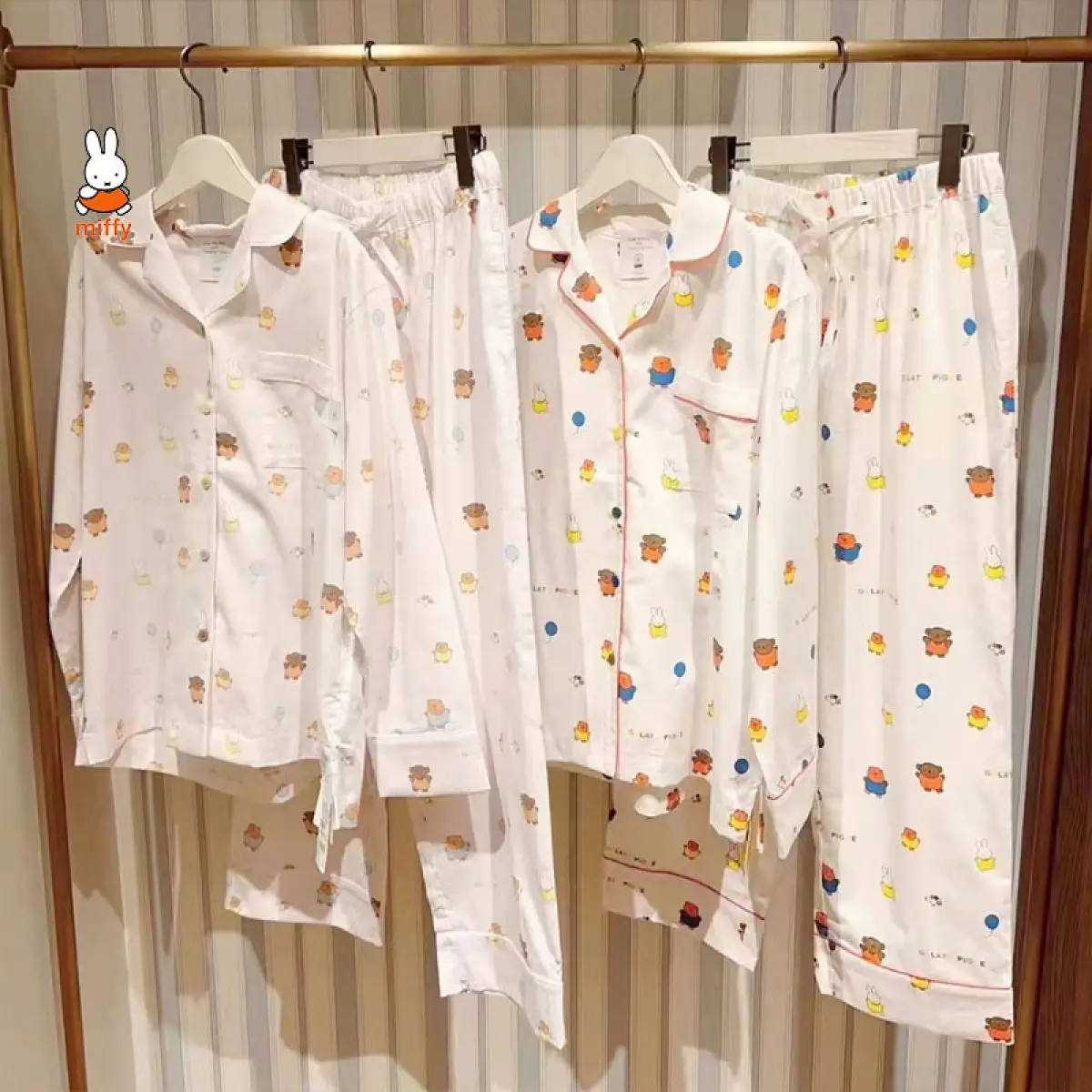 

Miffy Kawaii Cartoon Pure Cotton Long-Sleeved Pajamas Cute Rabbit Anime Printed Home Pajamas Sweet Girls Pajama Set