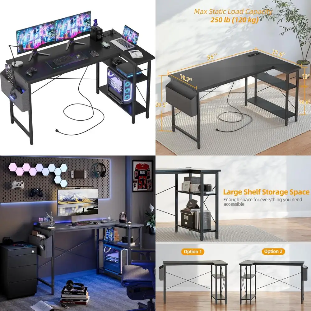 

L-Shaped 55 Inch Corner Computer Desk with Power Outlets and Reversible Shelves for Gaming and Work