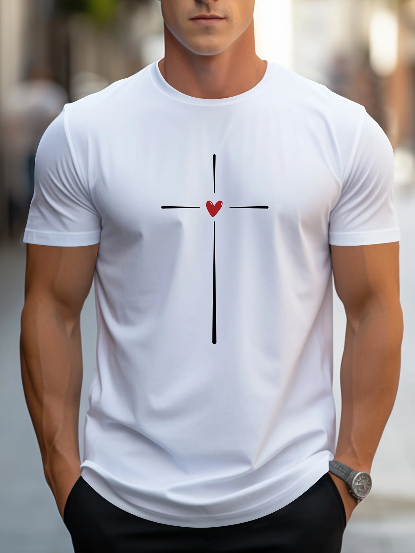 

Men's summer loose fit Love Heart Graphic printed slim fit casual sports round neck short sleeved T-shirt top
