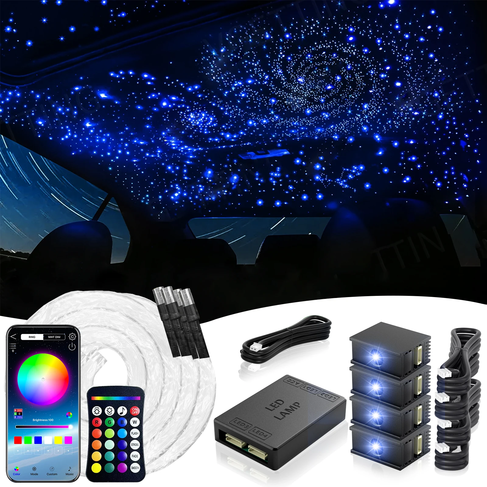 Split 14W Car Starlight Headliner Kit 300-1200pcs*0.02in*3.2-6.5ft with APP&RF Remote, RGBW Fiber Optic Strands Star Roof Lights, Multi-Port Engine Sound Activated Star Ceiling Lights for Car Decor, Static 10 Colors