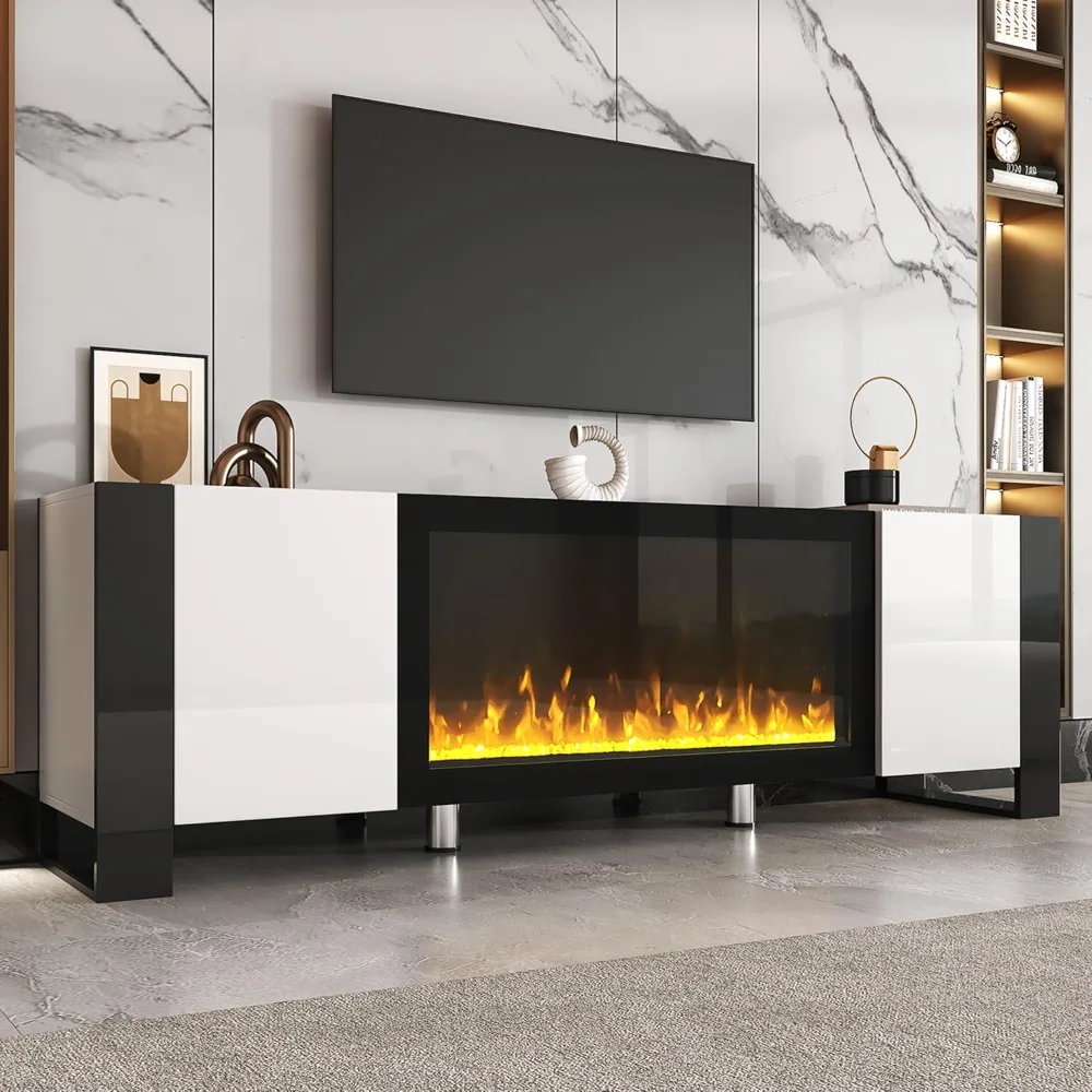 68.1 Inch Modern White Fireplace TV Stand with 34.2 Inch Electric Fireplace, High Gloss Finish, 2 Cabinets for Storage