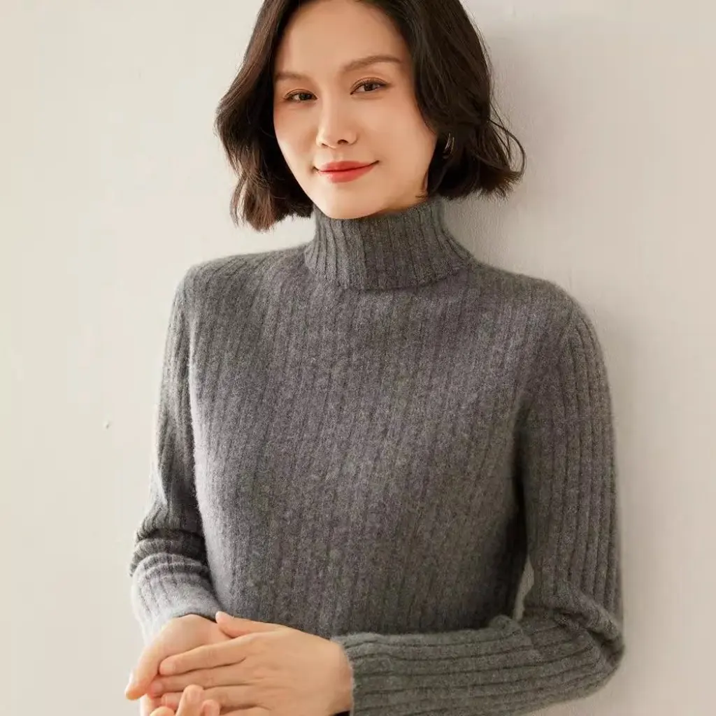 

Autumn Winter Women's Thickened Slim-Fitting Knitwear High Lapels Cashmere Striped Pullover Elegant Versatile Top