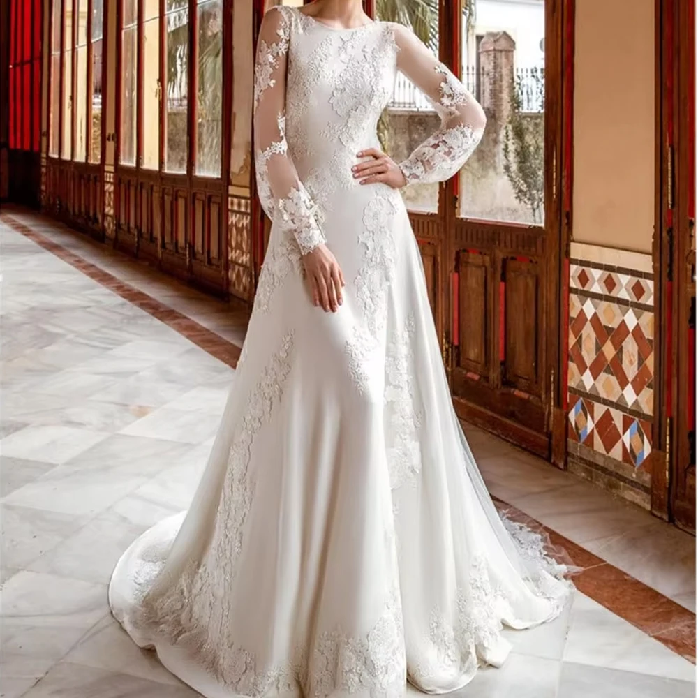 

Классическое свадебное платье трапециевидной формы по индивидуальному заказу, атласное свадебное платье с длинными рукавами и высоким воротом на спине, с нашивкой в виде бутона цветка и рюшами