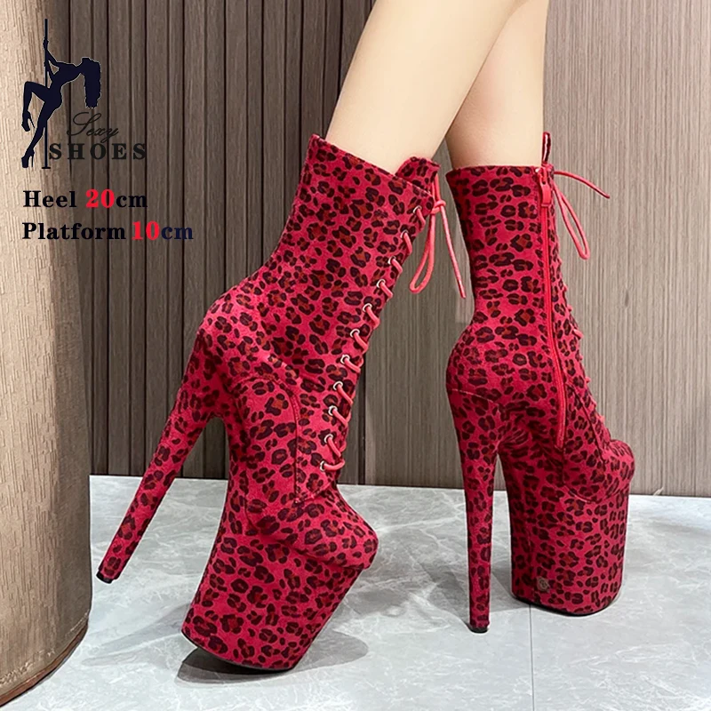 Thick Soled Leopard Print Suede 20cm/8Inch Ankle Boots Thin Heel Zipper Straps Shoes for Women  Large Size 44 high-heeled Boots