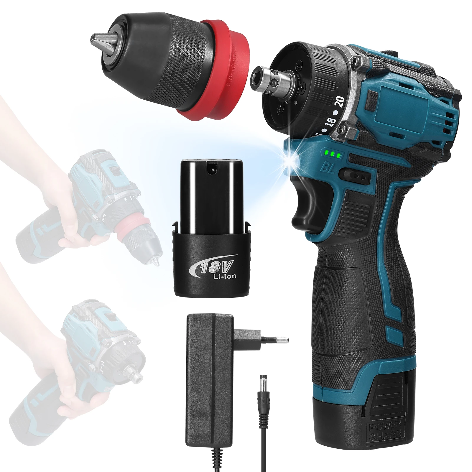 18V 2in1 Lithium Drill Electric Screwdriver Multi-function Power Tool 45Nm Torque Brushless Motor Practical Screw Driver