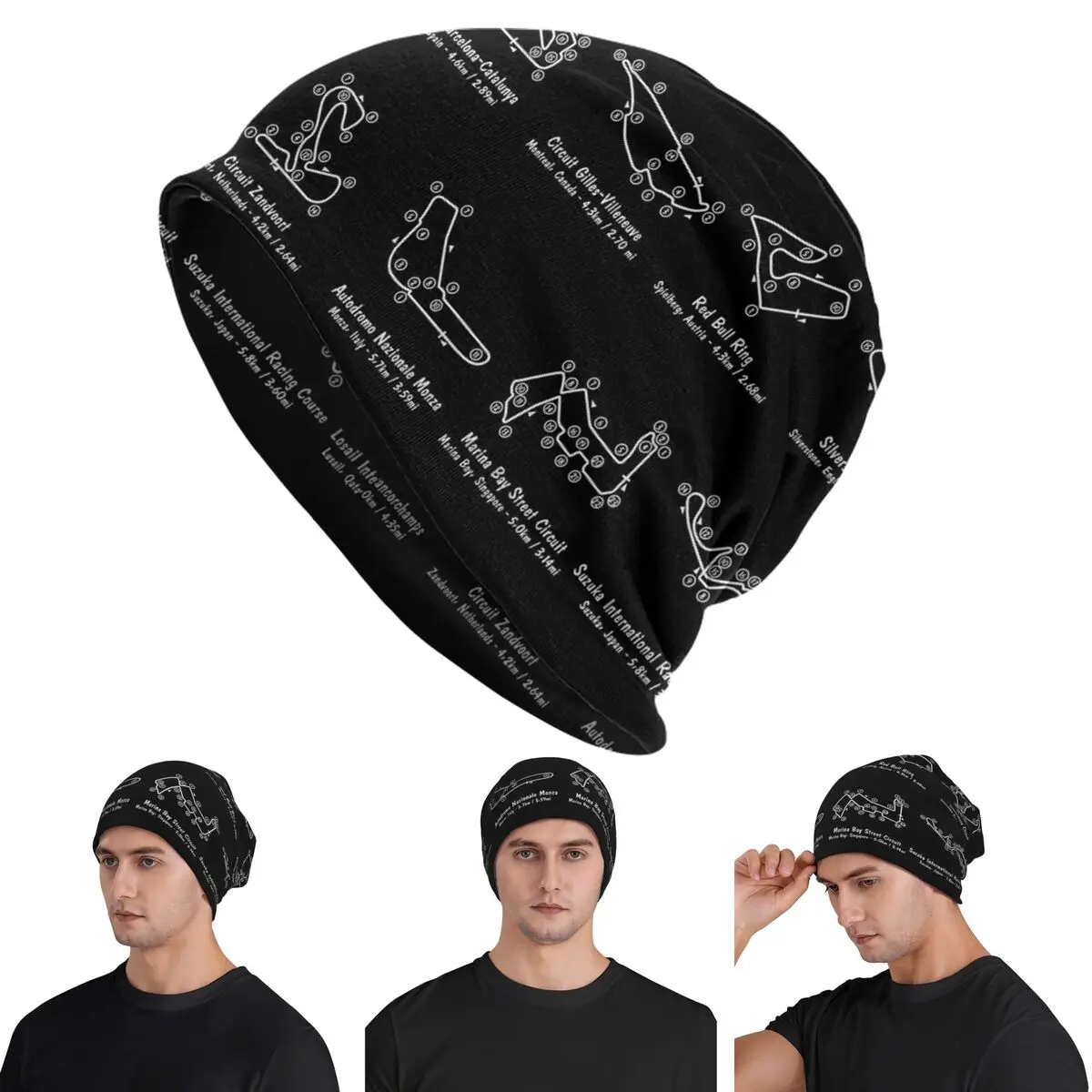 

F1 Race Tracks (White Stencil-No Background) Skullies Beanies Hats Warm Autumn Winter Cap Knitted Bonnet Caps for Unisex Adult