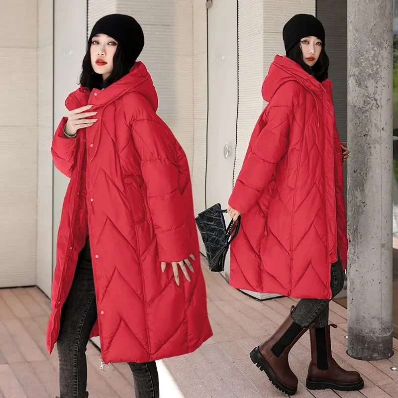 2024 New Solid Color X-Long Straight Winter Coat Women Parkas Clothes Casual Hooded Warm Jacket Female Puffer Parka Outerwear