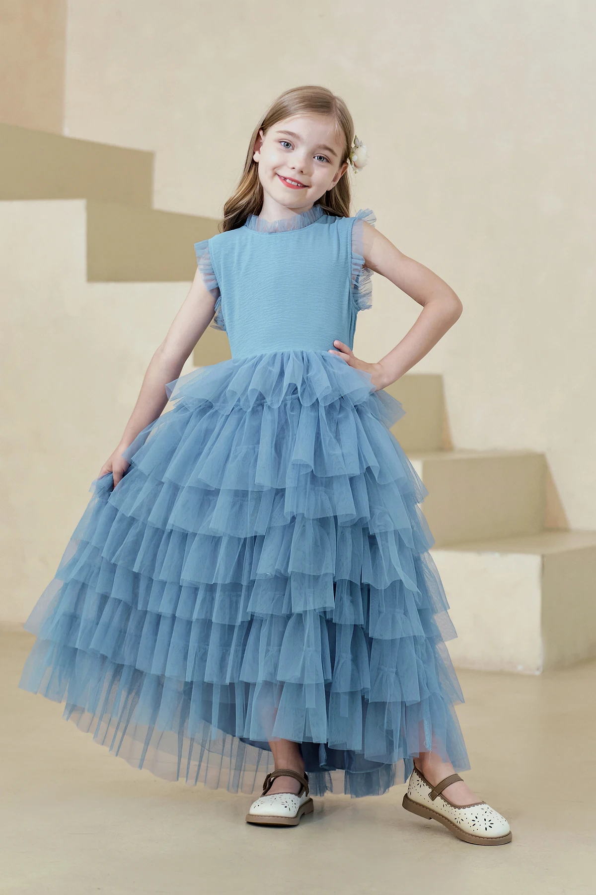 New Multi-Layer Mesh Patchwork Solid Color Princess Dress Christmas Wedding Flower Girl Fashionable and Atmospheric Girl Dress