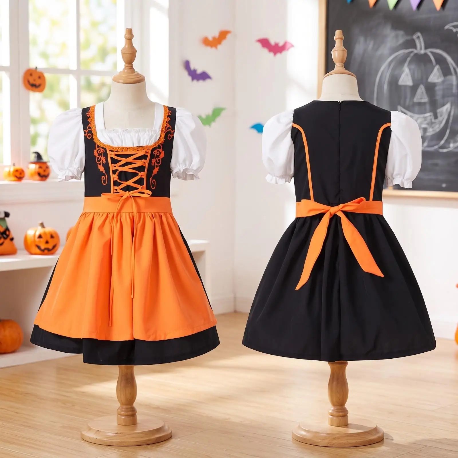 Girls Classic Folk Inspired Skirt with Square Neckline and Layered Flounce for Holiday Event and Dance Class