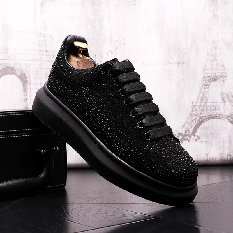 mens luxury fashion rhinestone shoes lace-up flats platform shoe stage nightclub dress black stylish genuine leather sneakers