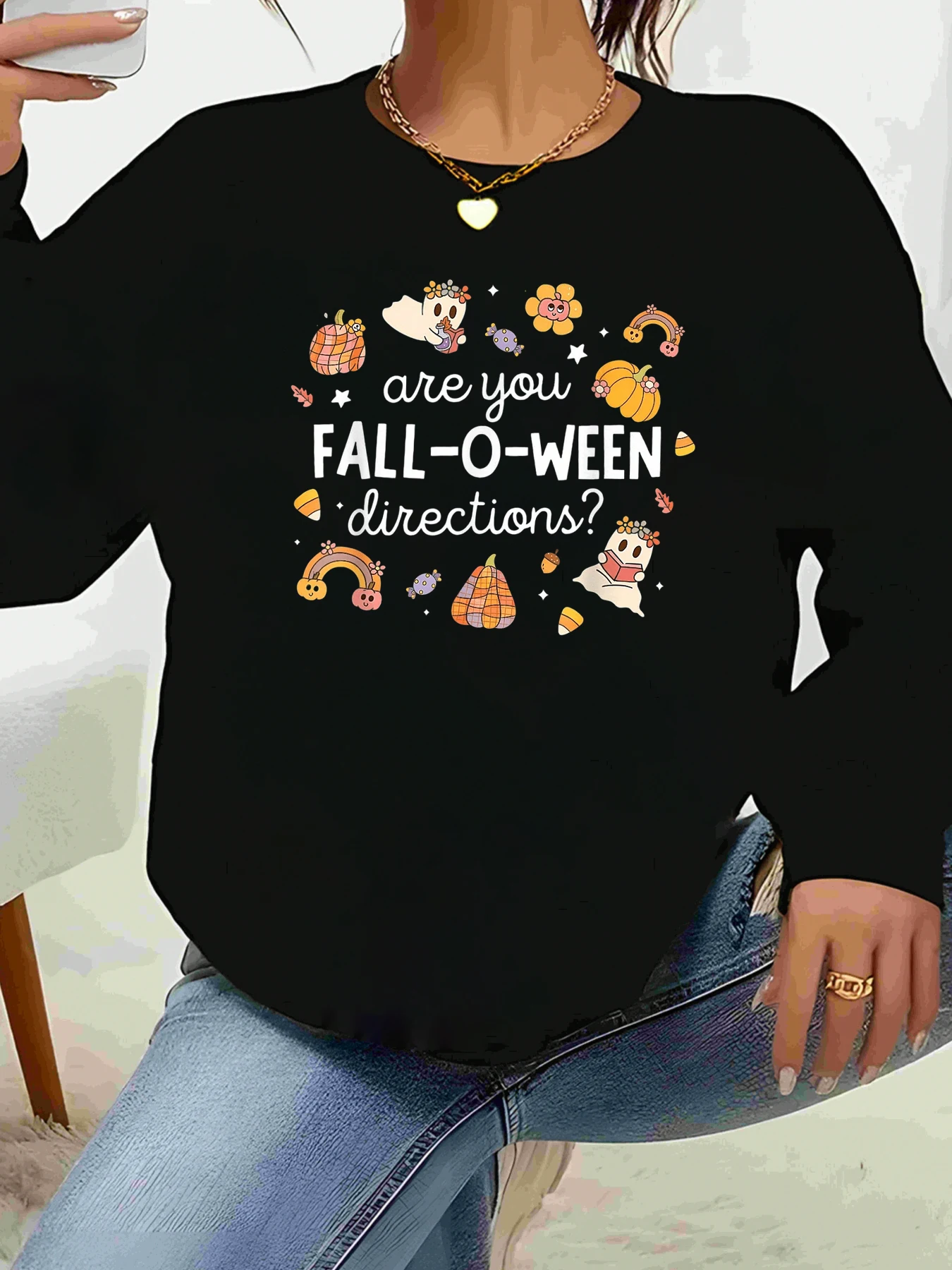 Fall O Ween Ghost Pumpkin Print T-shirt met lange mouwen Halloween Vrijetijdskleding Dames