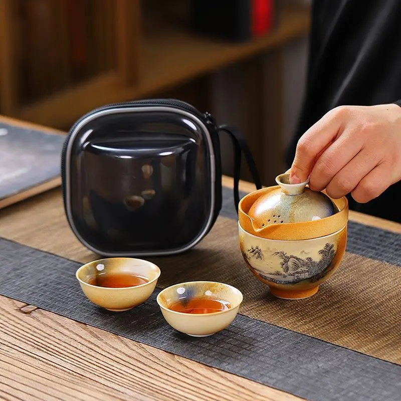 Travel Tea Set Express Cup Portable Small  Carry on Bag Outdoor Kung Fu    Pot