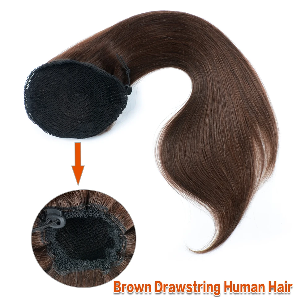 Brown Straight Human Hair Ponytail Extensions Drawstring Ponytail Hair Piece 14-22 Inch 4# Clip in Ponytail Extension 100g