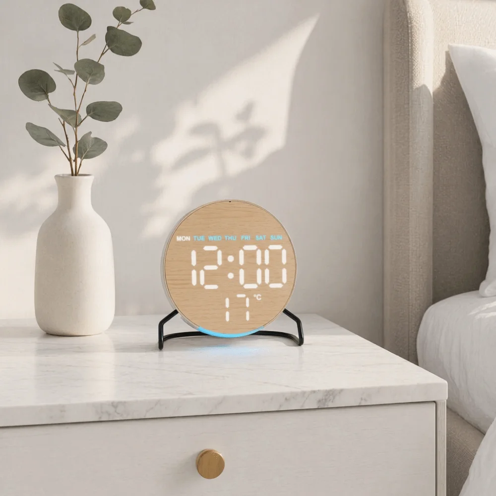 Plastic Digital LED Clock Temperature Display Round/Square Bedside Wake-up Clock Adjustable Brightness Minimalist Alarm Clock