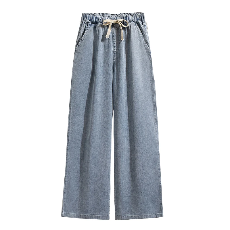 Plus Size Denim Pants Women 2024 Autumn New High Elastic Waist Blue Color Korean Style Straight Loose Trousers Female Hot Sale