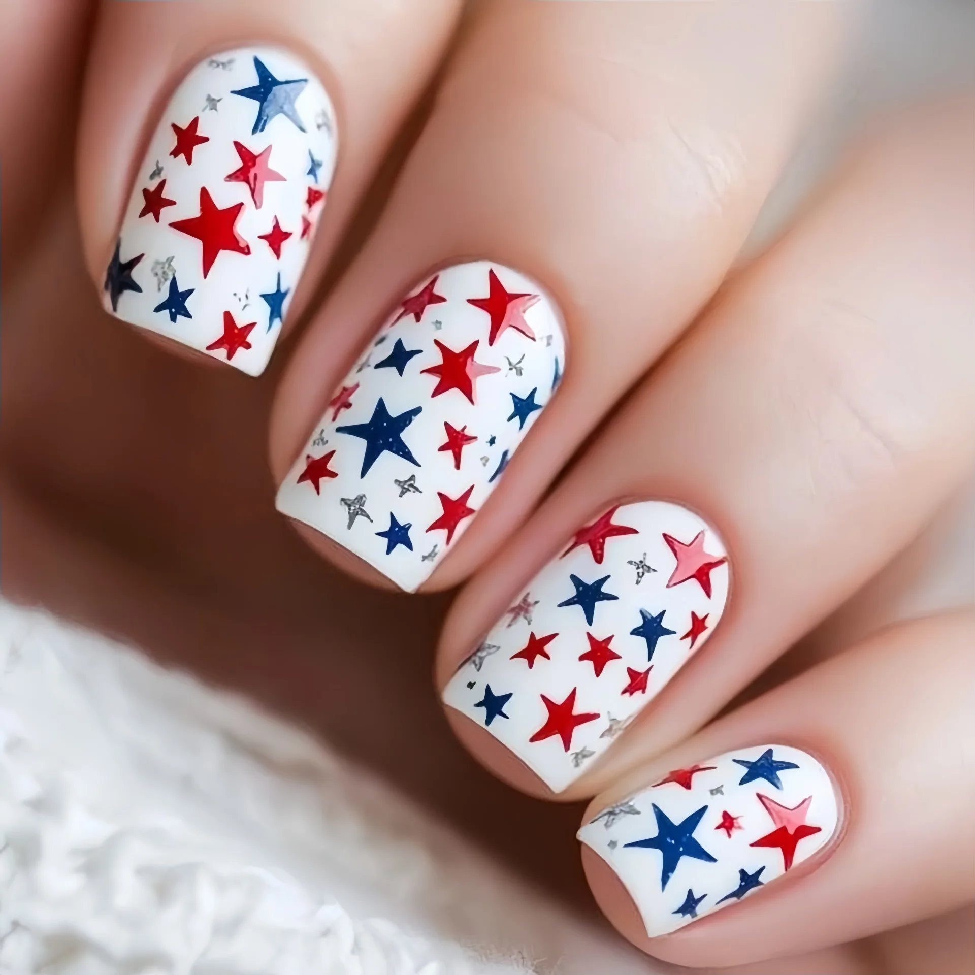 

24Pcs Independence Day stars wear armor, red, white and blue design nail art, European and American fashion fake nails