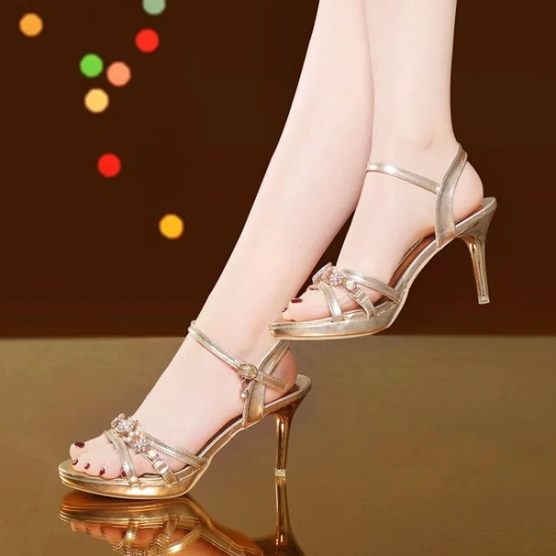 New 2023 Summer Luxury Designers Women Sandals Fashion Gold Rhinestone Thin High Heel Shoes Ladies Elegant Party Dress Sandalias