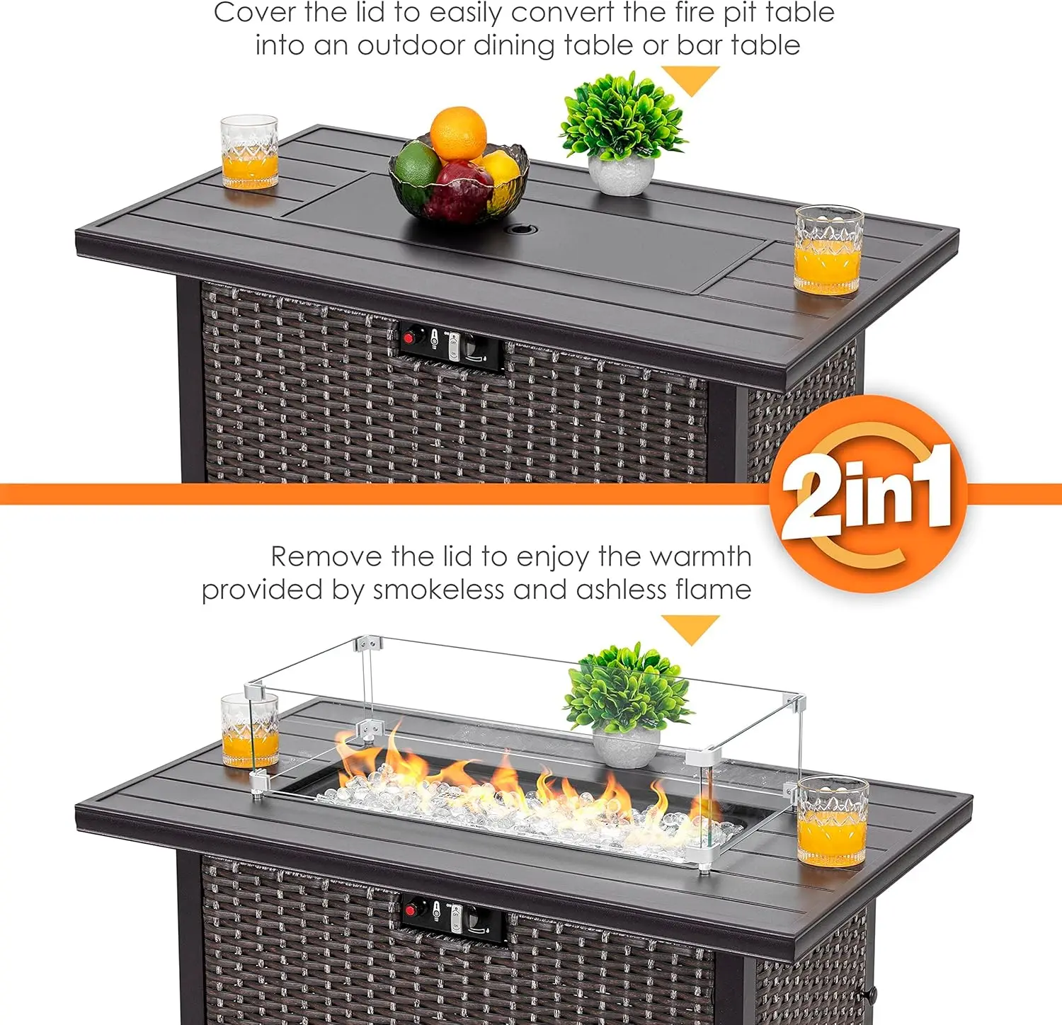 Nuu Garden Outdoor 43-inch 50,000 BTU Propane Gas Fire Pit Table, Aluminum Tabletop and PE Rattan Weaved Steel Frame