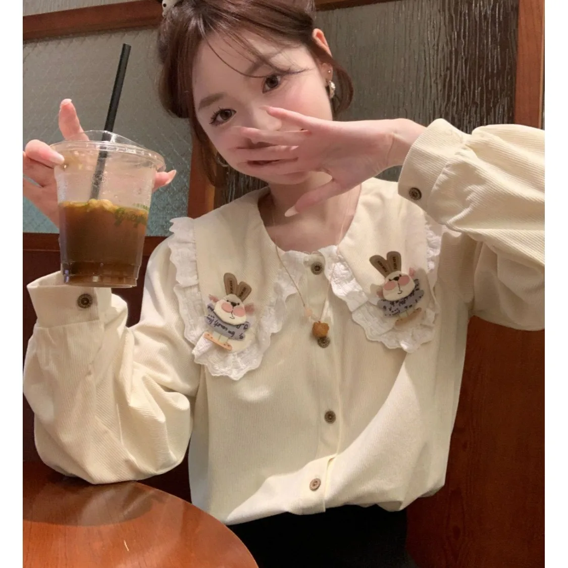 

Sweet Korean Sle Rabbit Collar Long Sve Loose Women's irt Autumn Japanese Sle Open Cardigan Top Warm Polyester Fiber