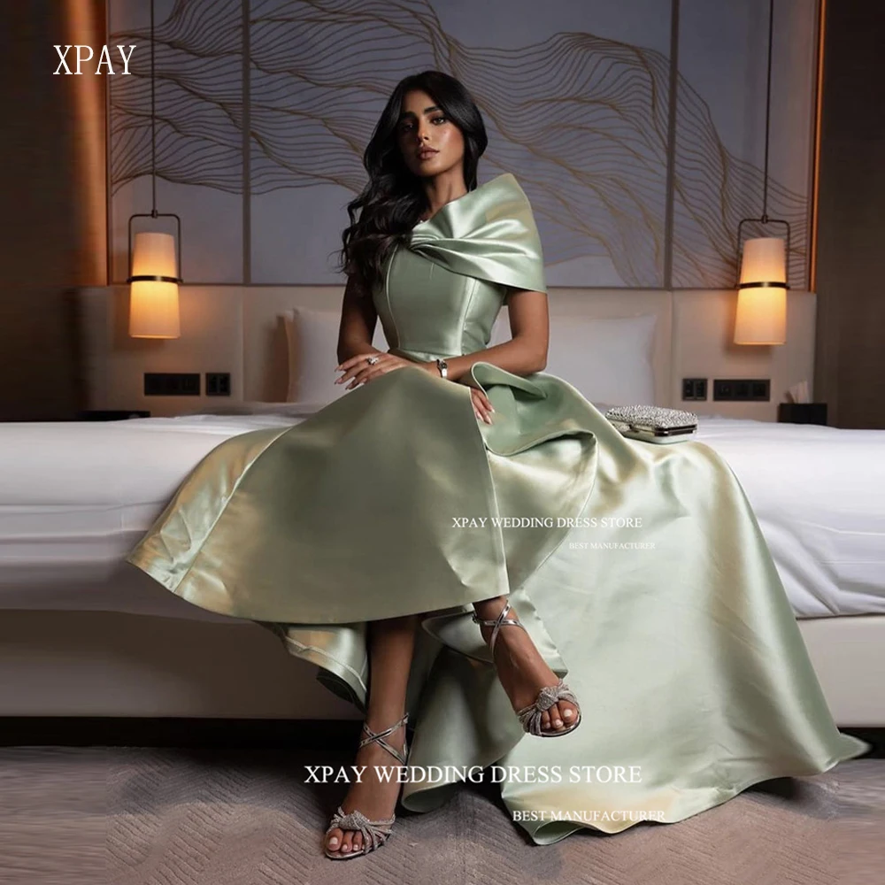 

XPAY Pale Green Mermaid Prom Dresses Dubai Arabic Satin Ruffles Evening Dress Pleats Special Occasion Formal Party Gowns