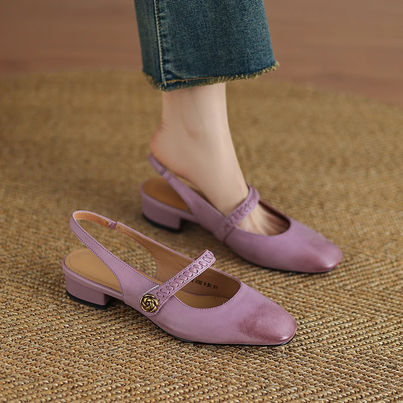 

Женские летние сандалии Мэри Джейн из натуральной кожи, фиолетовые, с круглым носком, на низком массивном каблуке, с одним ремешком, с неглубоким вырезом